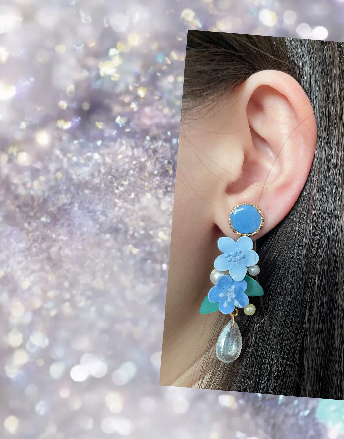 Denim Color Floral Earrings