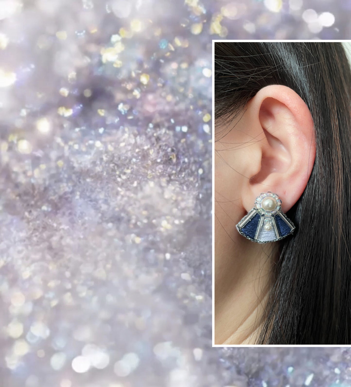 Fan Shape Embroidery Earrings in Navy & Purple