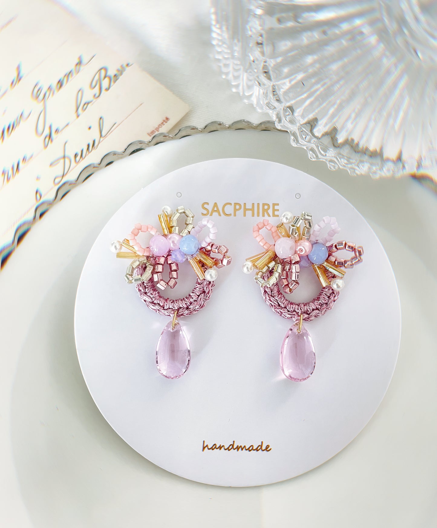 Dreamy Crochet Hoop Glass Drop Embellished Earrings