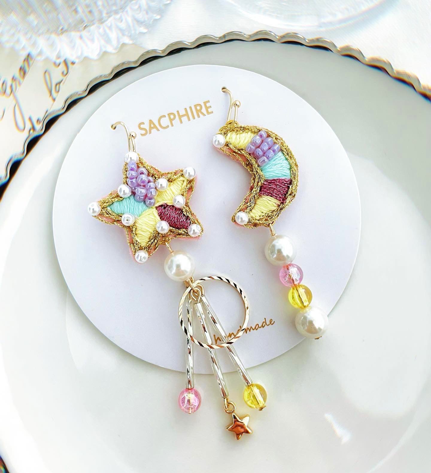 Star and Moon Embroidery Earrings