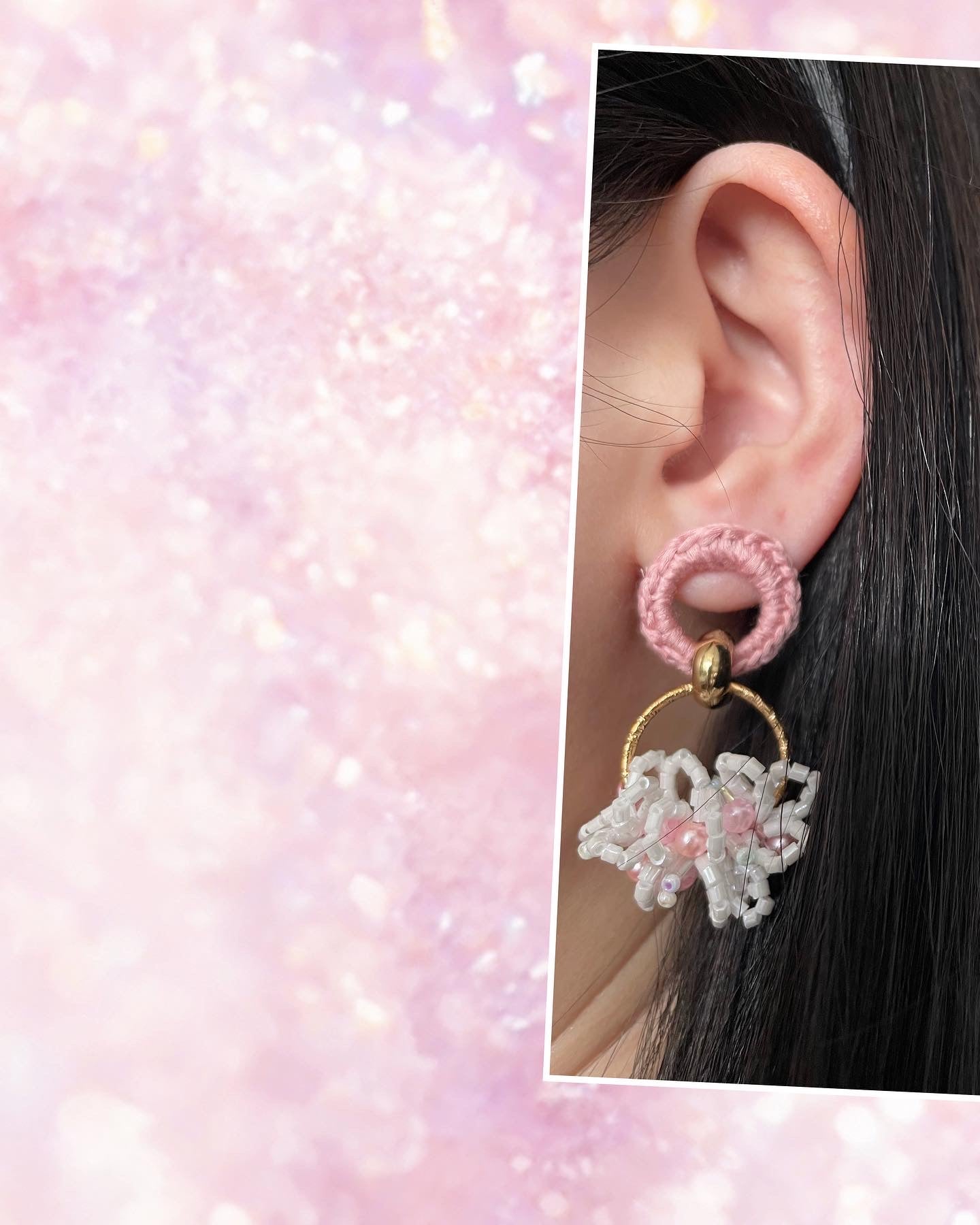Pink Crochet Beaded Hoop Earrings
