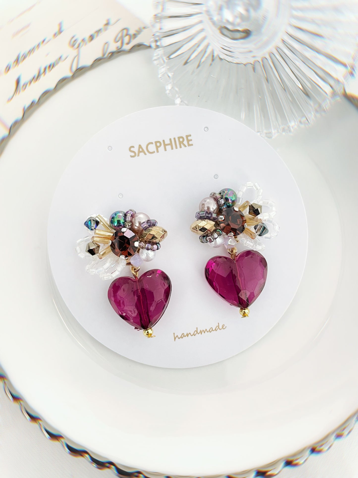 Burgundy Heart Shape Embellished Earrings