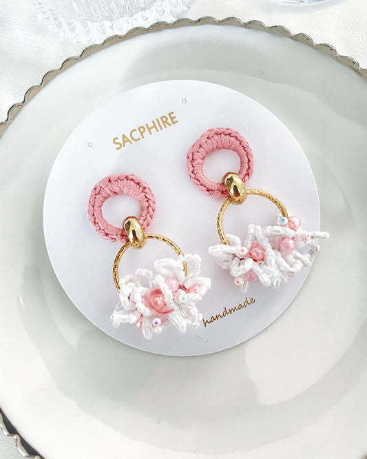 Pink Crochet Beaded Hoop Earrings