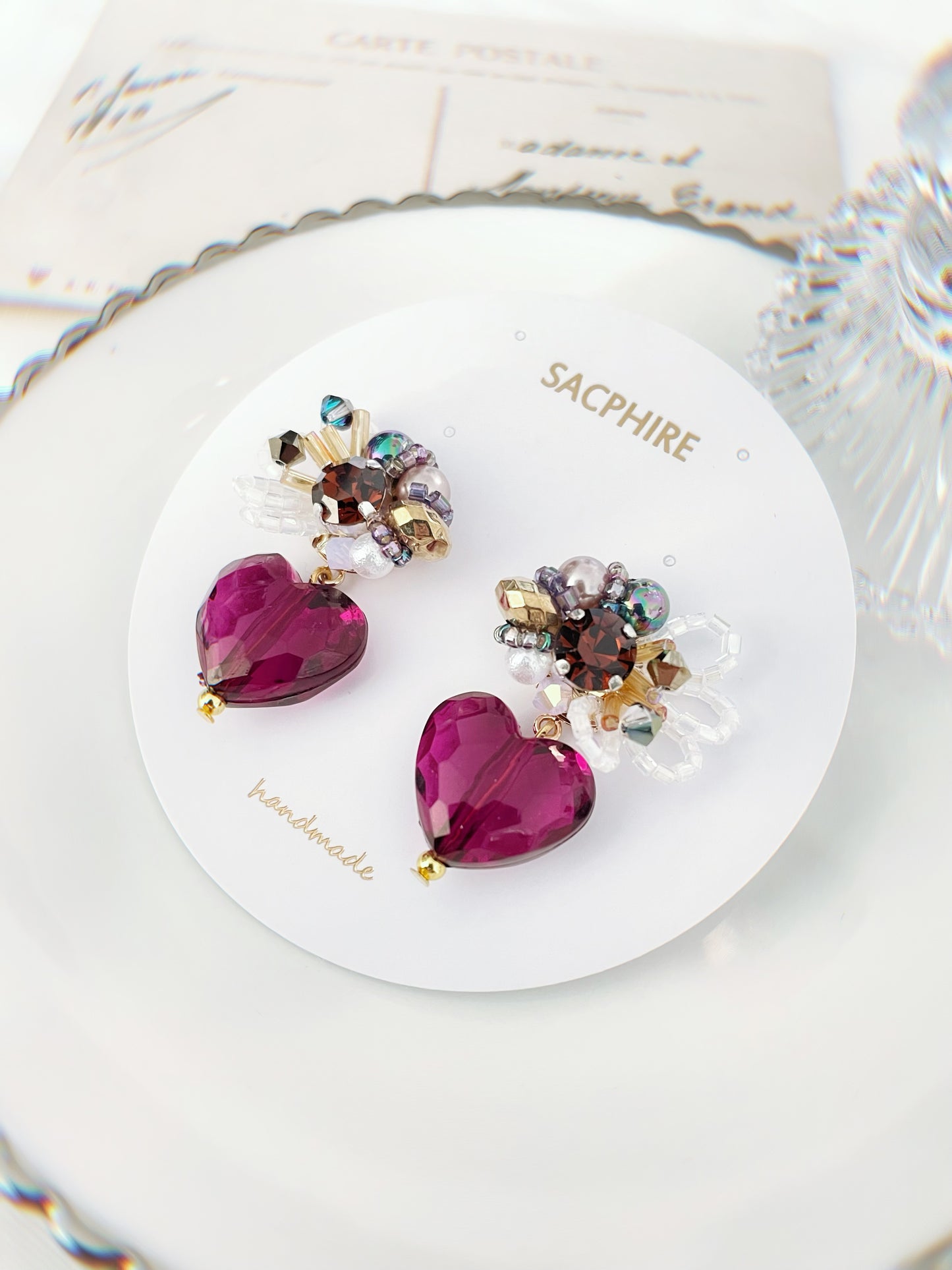 Burgundy Heart Shape Embellished Earrings